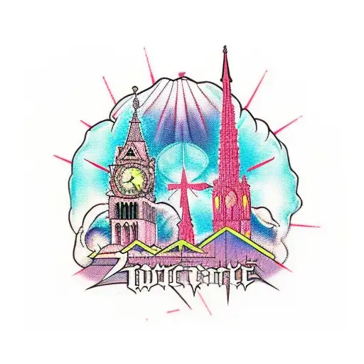 Gothic cathedral with graffiti art depicting hiphop culture tattoo design idea