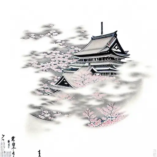 Japan, cherry blossom, clouds, Japanese buildings, samurai, dragon,  tattoo design idea