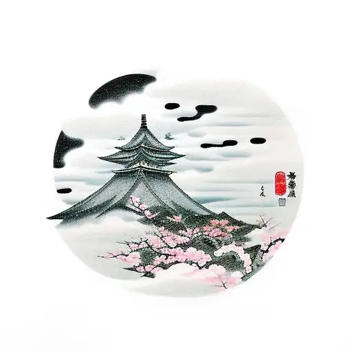 Japan, cherry blossom, clouds, Japanese buildings  tattoo design idea
