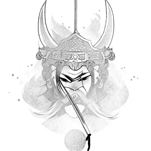 A fierce Asian warrior woman wielding a katana tattoo design idea