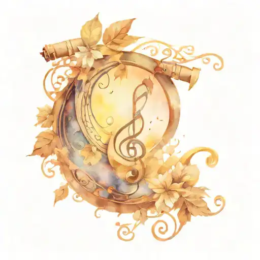 Music written on a scroll wrapping around the upper arm, under a glowing moon with falling leaves encompassing tattoo design idea