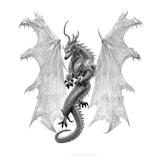 A mythical dragon battling a warrior in full armor, inspired by a video game boss fight tattoo design idea