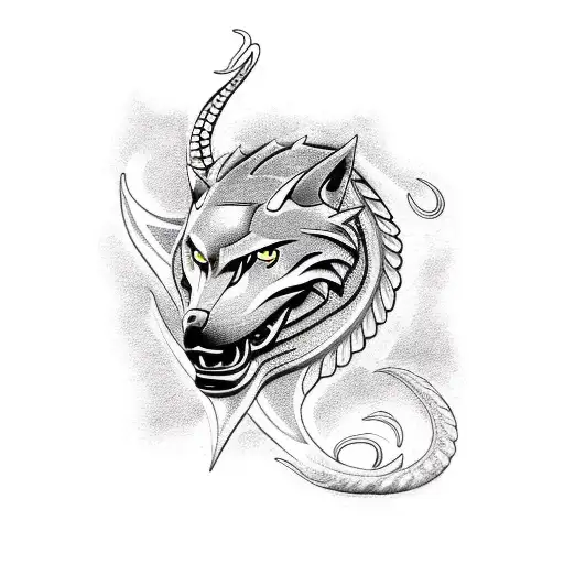 pices zodiac sign with alpha wolf and dragon tattoo design idea