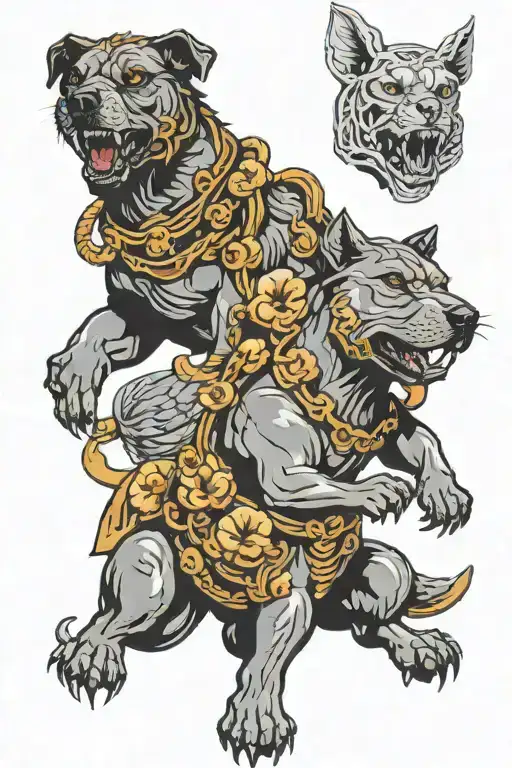 Cerberus with a collar of shells tattoo design idea
