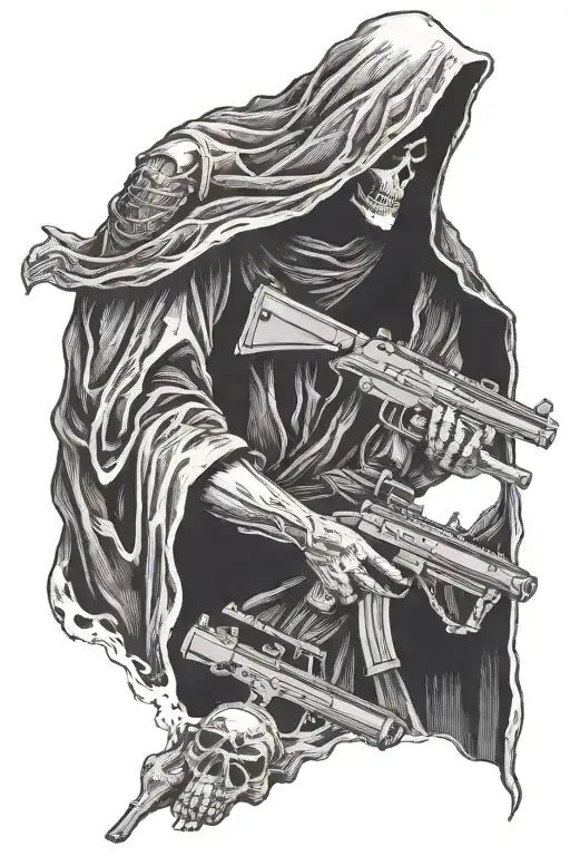 Death in a black robe with a hood. With a machine gun in his hands. Numbers 7/3 tattoo design idea