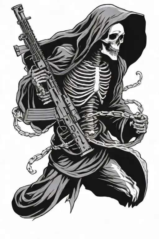 Death in a black robe with an AK machine gun in his bony hands tattoo design idea