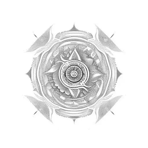 The tattoo design is circular in shape, approximately palm-sized, with a central focus on the yin and yang symbol. The y tattoo design idea