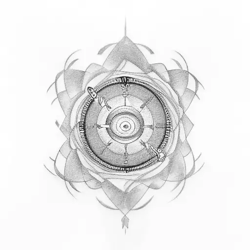 The tattoo design is circular in shape, approximately palm-sized, with a central focus on the yin and yang symbol. The y tattoo design idea