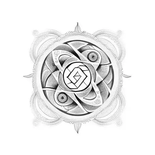 The tattoo design is circular in shape, approximately palm-sized, with a central focus on the yin and yang symbol. The y tattoo design idea