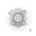 The tattoo design is circular in shape, approximately palm-sized, with a central focus on the yin and yang symbol. The y tattoo design idea