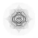 The tattoo design is circular in shape, approximately palm-sized, with a central focus on the yin and yang symbol. The y tattoo design idea