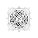 The tattoo design is circular in shape, approximately palm-sized, with a central focus on the yin and yang symbol. The y tattoo design idea