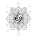 The tattoo design is circular in shape, approximately palm-sized, with a central focus on the yin and yang symbol. The y tattoo design idea