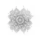 The tattoo design is circular in shape, approximately palm-sized, with a central focus on the yin and yang symbol. The y tattoo design idea