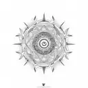 The tattoo design is circular in shape, approximately palm-sized, with a central focus on the yin and yang symbol. The y tattoo design idea