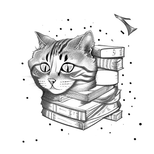 A cat sitting on a stack of books, with a Nordic rune inscribed on its collar tattoo design idea