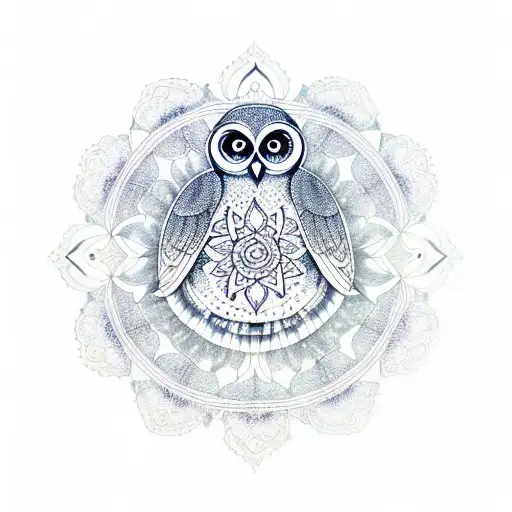 A spiritual mandala with owls and flowers tattoo design idea