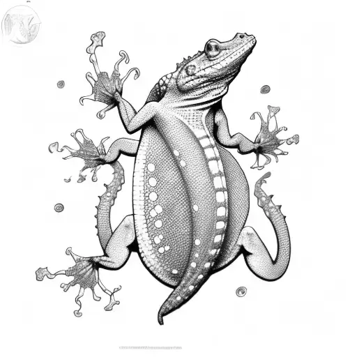 Lézard gecko vu de dos avec lettre A L E  tattoo design idea