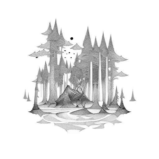 Dark and mysterious forest with hidden treasures tattoo design idea