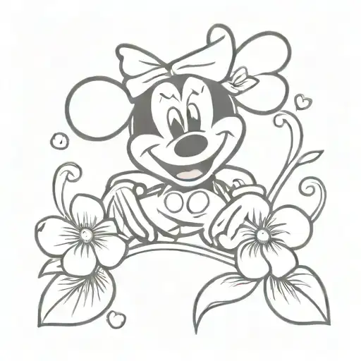 Mickey Mouse outlined in marigolds, water lilys, and violets with a simple butterfly outline somewhere  tattoo design idea