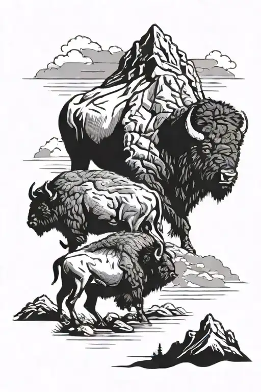 lake mountain range bison running tattoo design idea