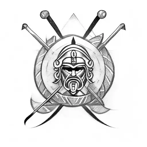 Design a tattoo that features a powerful Spartan warrior holding a hockey stick, representing your love for hockey and the strength of your Greek heritage. tattoo design idea