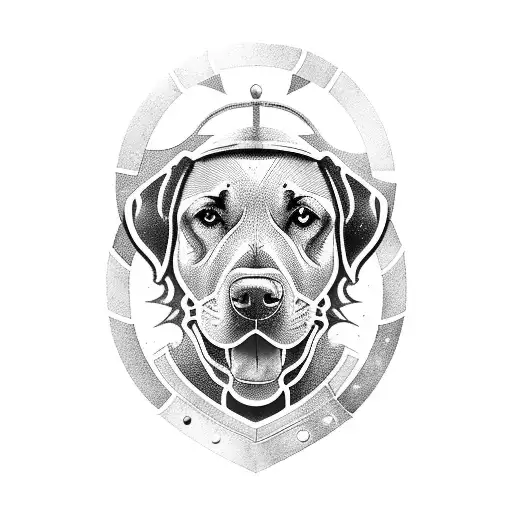 Combine the elements of a Labrador Retriever dog and a Greek Spartan warrior in a powerful and unique design. tattoo design idea