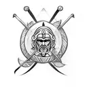 Design a tattoo that features a powerful Spartan warrior holding a hockey stick, representing your love for hockey and the strength of your Greek heritage. tattoo design idea