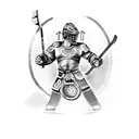 Design a tattoo that features a powerful Spartan warrior holding a hockey stick, representing your love for hockey and the strength of your Greek heritage. tattoo design idea