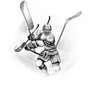 Design a tattoo that features a powerful Spartan warrior holding a hockey stick, representing your love for hockey and the strength of your Greek heritage. tattoo design idea