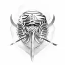 Design a tattoo that features a powerful Spartan warrior holding a hockey stick, representing your love for hockey and the strength of your Greek heritage. tattoo design idea