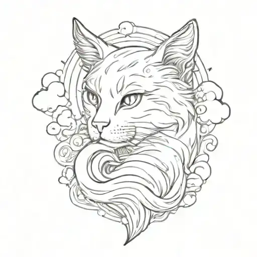 cat with a heart-shaped tail in the clouds tattoo design idea