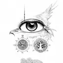 three clocks, large eye on shoulder starting from shoulder blade across shoulder, tree of life, raven bird and prefer it tattoo design idea