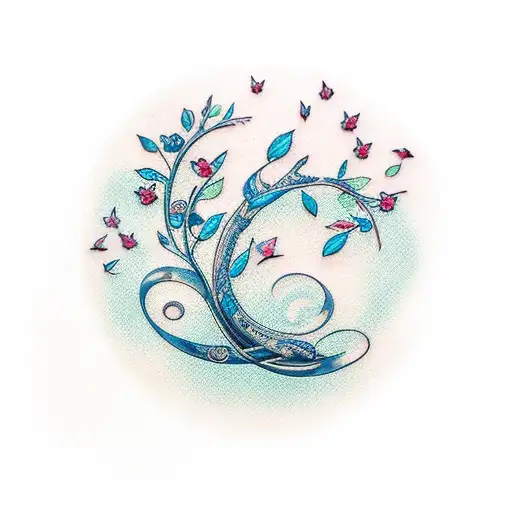 cherry tree branch with treble clef and 3 aquamarine butterflies tattoo design idea