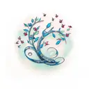 cherry tree branch with treble clef and 3 aquamarine butterflies tattoo design idea