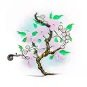 cherry tree branch with treble clef and 3 aquamarine butterflies tattoo design idea