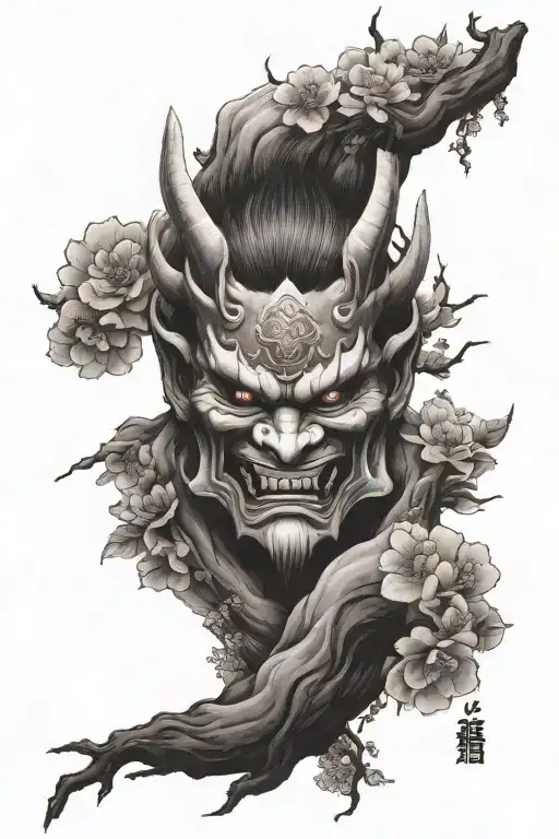 oni mask surrounded by cherry blossom tree and japanese temples on a mountain  tattoo design idea