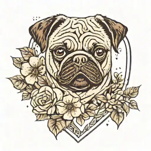 fine line  heart with little flowers and a pug inside the heart  tattoo design idea