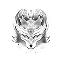 A sleeve design featuring a kitsune mask on a demon's face in blackwork style tattoo design idea