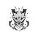 A sleeve design featuring a kitsune mask on a demon's face in blackwork style tattoo design idea