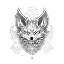 A sleeve design featuring a kitsune mask on a demon's face in blackwork style tattoo design idea
