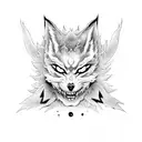 A sleeve design featuring a kitsune mask on a demon's face in blackwork style tattoo design idea