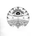 marcus aurelius standing on a mountain overlooking a labyrinth with his third eye open tattoo design idea