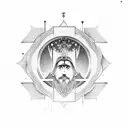 marcus aurelius standing on a mountain overlooking a labyrinth with his third eye open tattoo design idea