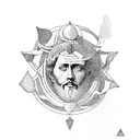 marcus aurelius standing on a mountain overlooking a labyrinth with his third eye open tattoo design idea