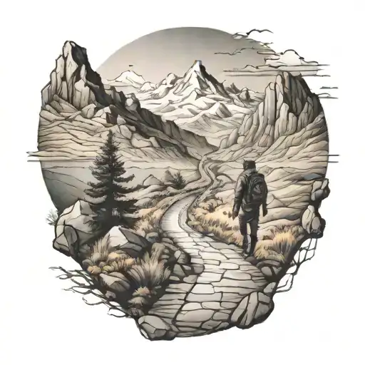 traveler on a road not taken. mountains on the back leading to the sea tattoo design idea