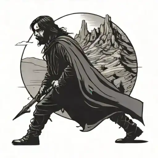 A silhouette of Aragorn walking on a road less taken. In the background mountains that lead to the sea. tattoo design idea