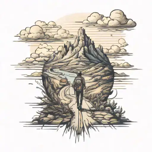 traveler on a road not taken. mountains on the back leading to the sea tattoo design idea