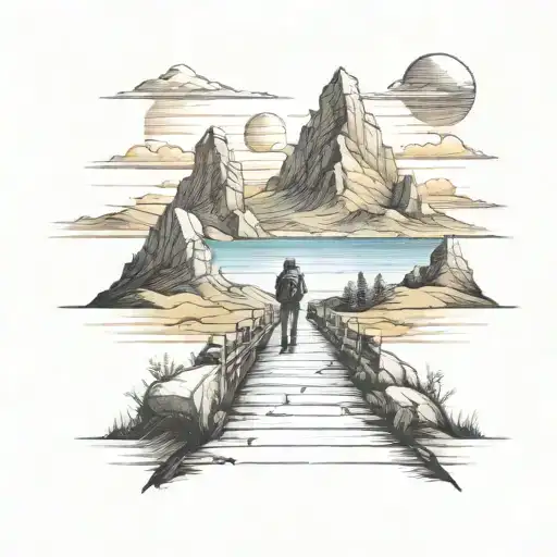 traveler on a road not taken. mountains on the back leading to the sea tattoo design idea