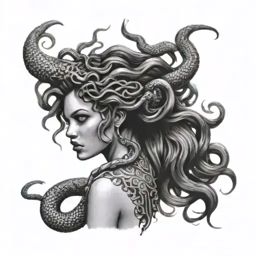 Medusa tattoo design that is simple yet detailed.  Her face innocent and young and her snake vicious. She has crack and  tattoo design idea